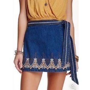 Free People Dream Away Embroidered Denim Wrap Skirt, Size 8